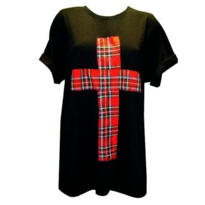 BLACK RED TARTAN CROSS PUNK GRUNGE T-SHIRT