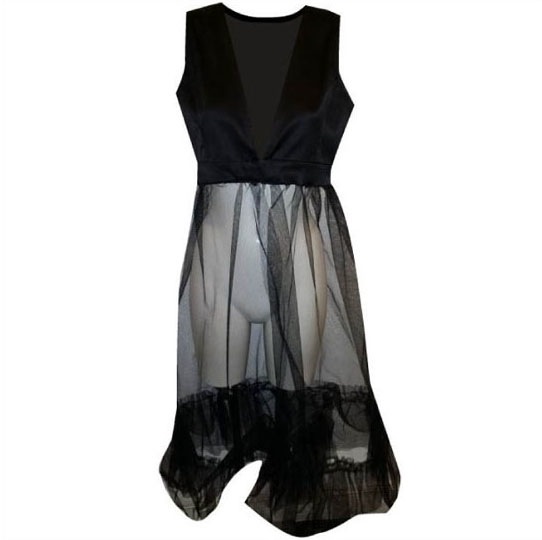 BLACK SATIN LONG NET RUFFLE WAISTCOAT
