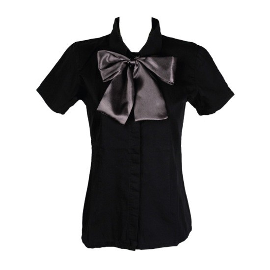 BLACK SATIN NECK BOW SHIRT
