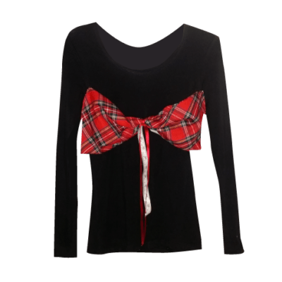 BLACK LONG SLEEVE RED TARTAN BOW TOP