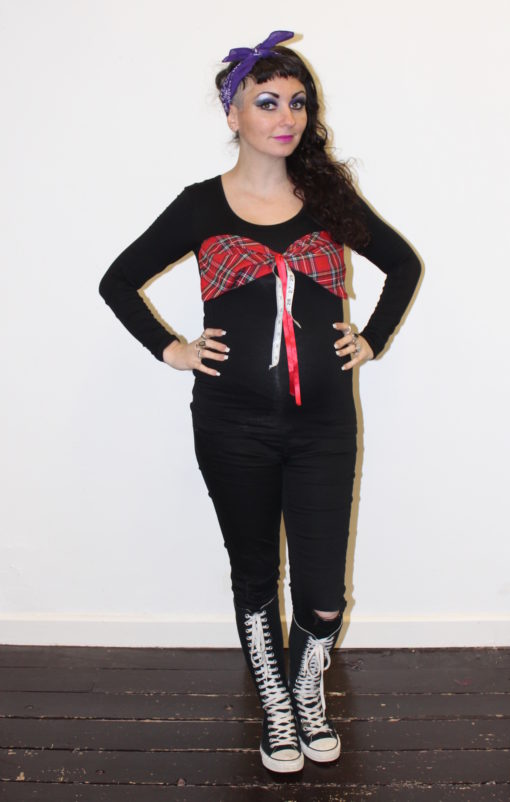 BLACK LONG SLEEVE RED TARTAN BOW TOP - Image 3