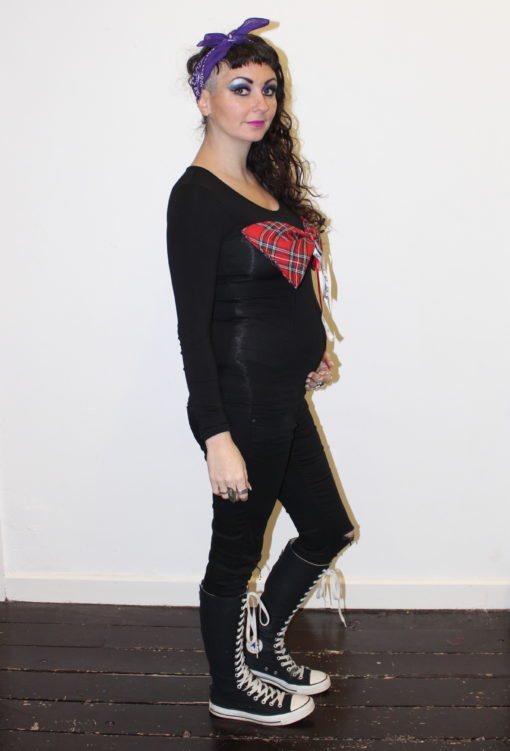 BLACK LONG SLEEVE RED TARTAN BOW TOP - Image 2