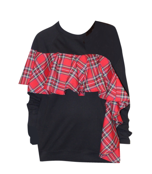 BLACK RED TARTAN RUFFLE SWEATSHIRT
