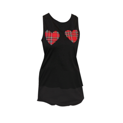 BLACK LONG LENGTH RED TARTAN HEARTS TOP