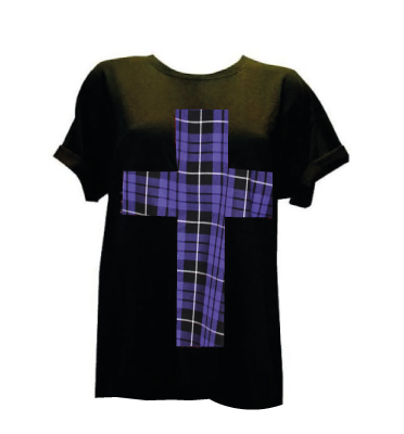 BLACK UNISEX PURPLE TARTAN CROSS TEE