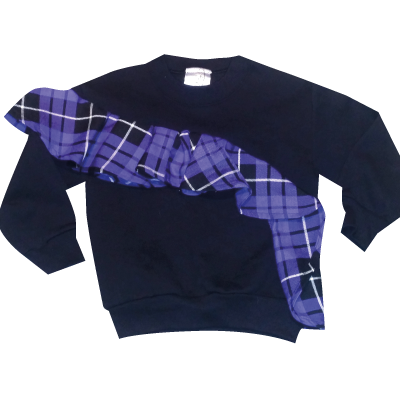 KIDS BLACK PURPLE TARTAN RUFFLE SWEATSHIRT