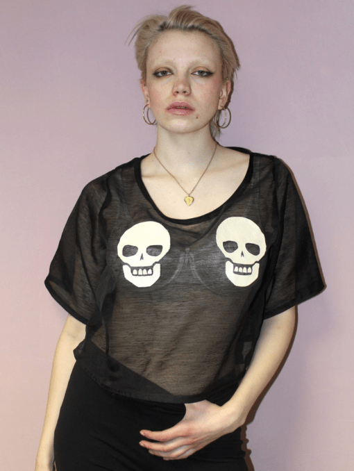 BLACK WHITE SKULL MESH GOTHIC CROP TOP - Image 3
