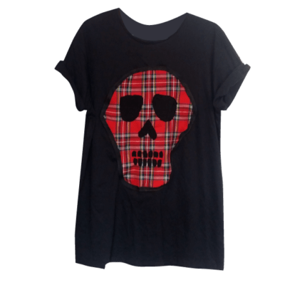 BLACK UNISEX RED TARTAN SKULL PATCH TEE