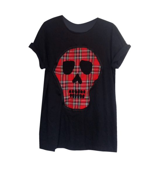 BLACK UNISEX RED TARTAN SKULL PATCH TEE