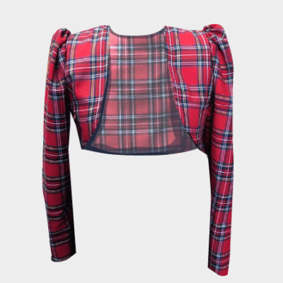 RED TARTAN CROPPED PUFF SLEEVE BOLERO JACKET