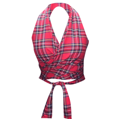 RED TARTAN WRAP HALTER NECK TIE TOP