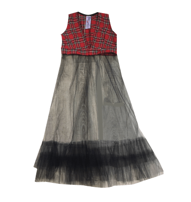 RED TARTAN LONG NET RUFFLE WAISTCOAT