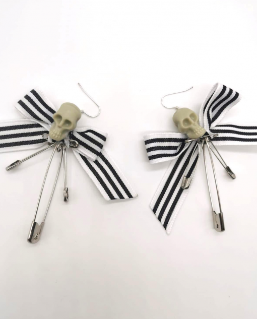 BLACK SKULLS & STRIPE SAFETY PIN EARRINGS - Image 2