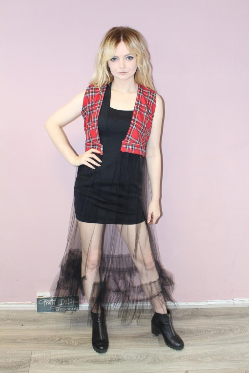 RED TARTAN LONG NET RUFFLE WAISTCOAT - Image 2