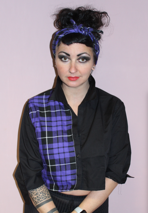 BLACK PURPLE TARTAN PANEL SHIRT - Image 3