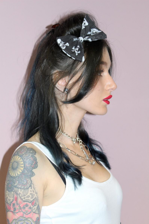 BLACK SKULLS & STRIPES HAIR BOW - Image 2