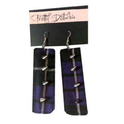 PURPLE TARTAN STUDDED SPIKE EARRINGS