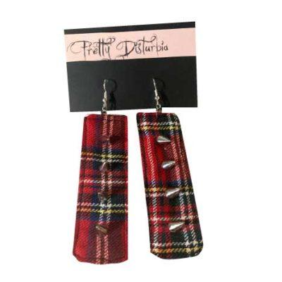 RED TARTAN STUDDED SPIKE EARRINGS