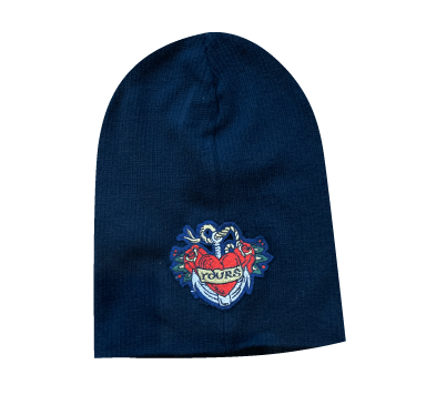 ‘YOURS’ BLACK RED HEART PATCH BEANIE