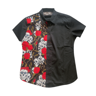 BLACK SKULL ROSE PANEL SHIRT