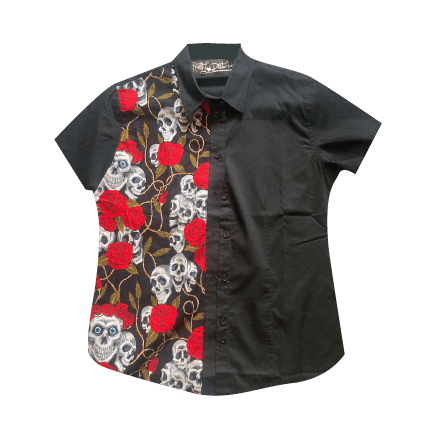 BLACK SKULL ROSE PANEL SHIRT