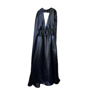 BLACK SATIN CROSS BACK LONG MAXI DRESS