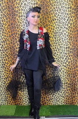 SKULL ROSE PRINT LONG NET RUFFLE WAISTCOAT