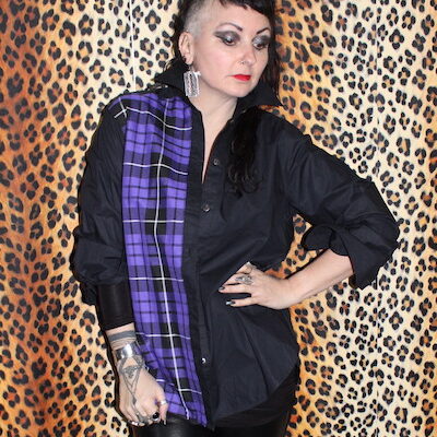 BLACK ROCKABILLY SHIRT WITH PUPLE TARTAN PANEL