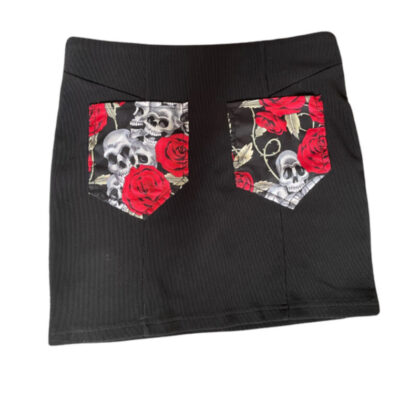 BLACK ROCK SKULL ROSE MINI SKIRT PATCH POCKETS