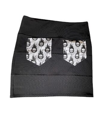 BLACK MINI SKIRT WITH SKULL FIRE PATCH POCKETS