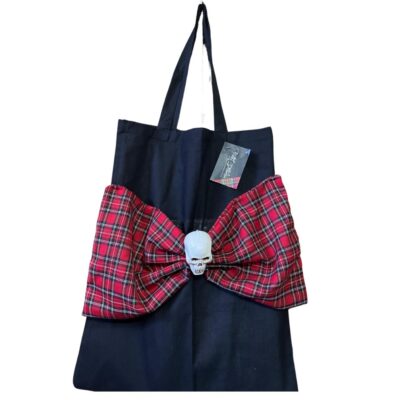 ROCKABILLY BLACK RED TARTAN BOW SKULL TOTE BAG