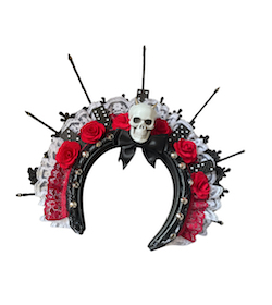 ROCKABILY RED & BLACK SKULL DOMINOS AND LACE HEADBAND CROWN