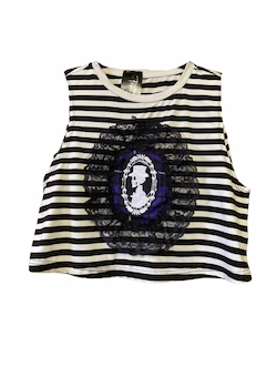 GOTHIC BLACK WHITE STRIPED PURPLE TARTAN SKULL CAMEO CROP TOP