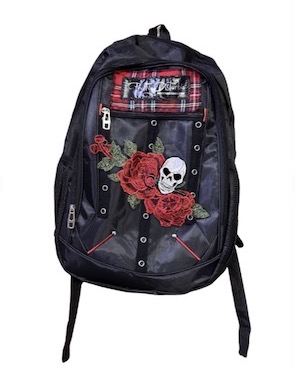 RED ROSE SKULL DESIGN BACK PACK BAG BLACK TARTAN STUD PUNK ROCK UNISEX