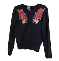 ROCKABILLY CARDIGAN BLACK RED ROSE LEAOPARD PRINT FLOWER HEART APPLIQUE DESIGN