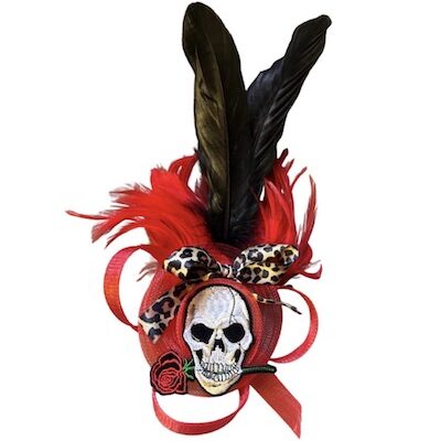 HANDMADE PUNK RED FEATHER & SKULL FASCINATOR HAIR CLIP